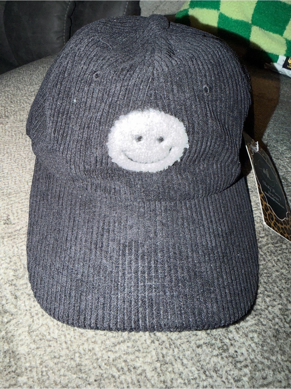 Boutique Black Corduroy Cap with White Smiley Patch